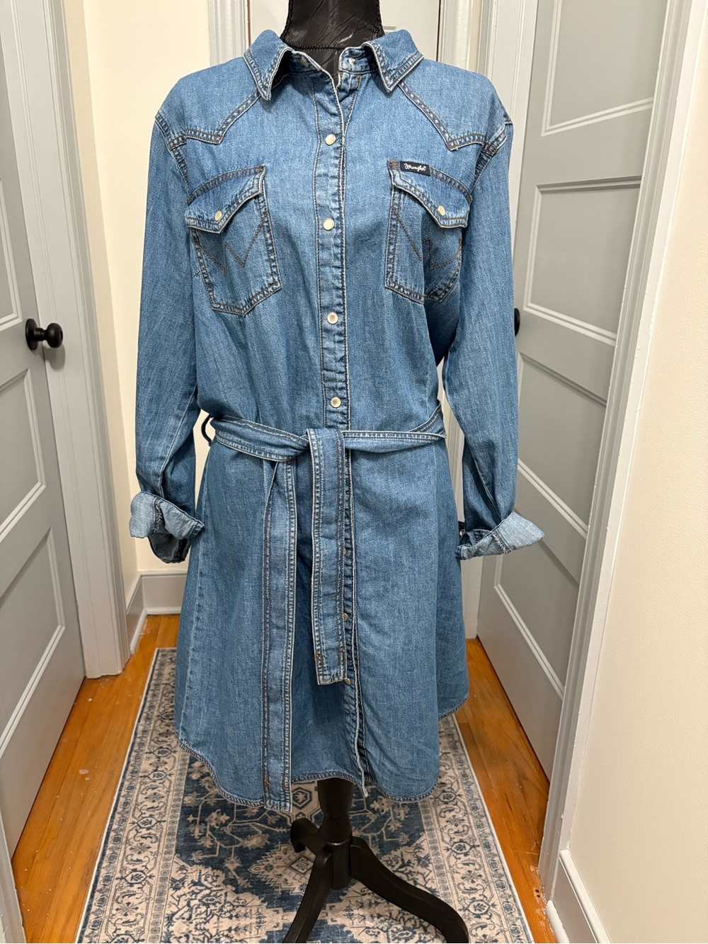 Wrangler Light Blue Denim Shirt Dress with Tie Waist